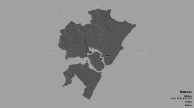 Mombasa bölgesi, Kenya ilçesi, jeoreferatlı bir sınır kutusunda sağlam bir arka planda izole edilmiş. Etiketler. Çift seviyeli yükseklik haritası. 3B görüntüleme