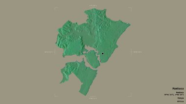Mombasa bölgesi, Kenya ilçesi, jeoreferatlı bir sınır kutusunda sağlam bir arka planda izole edilmiş. Etiketler. Topografik yardım haritası. 3B görüntüleme