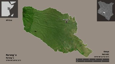 Kenya 'nın Murang' a ilçesi ve başkenti. Uzaklık ölçeği, ön gösterimler ve etiketler. Uydu görüntüleri. 3B görüntüleme