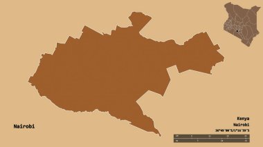 Kenya 'nın Nairobi ilçesi, başkenti sağlam arka planda izole edilmiştir. Uzaklık ölçeği, bölge önizlemesi ve etiketleri. Desenli dokuların bileşimi. 3B görüntüleme