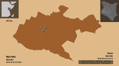 Kenya 'nın Nairobi ilçesi ve başkenti. Uzaklık ölçeği, ön gösterimler ve etiketler. Desenli dokuların bileşimi. 3B görüntüleme