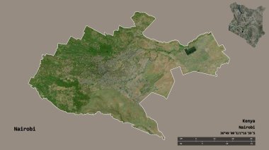 Kenya 'nın Nairobi ilçesi, başkenti sağlam arka planda izole edilmiştir. Uzaklık ölçeği, bölge önizlemesi ve etiketleri. Uydu görüntüleri. 3B görüntüleme
