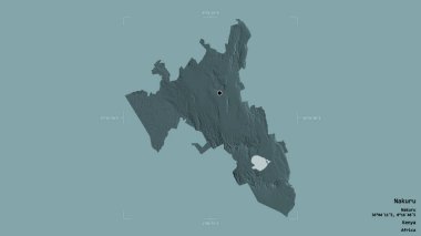 Kenya 'nın Nakuru ilçesi, jeoreferatlı bir sınır kutusunda sağlam bir arka planda izole edilmiş. Etiketler. Renkli yükseklik haritası. 3B görüntüleme