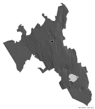 Kenya 'nın Nakuru ilçesi, başkenti beyaz arka planda izole edilmiştir. Çift seviyeli yükseklik haritası. 3B görüntüleme