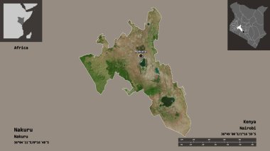Kenya 'nın Nakuru ilçesi ve başkenti. Uzaklık ölçeği, ön gösterimler ve etiketler. Uydu görüntüleri. 3B görüntüleme