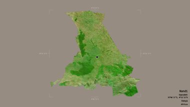 Nandi bölgesi, Kenya ilçesi, jeoreferatlı bir sınır kutusunda sağlam bir arka planda izole edilmiş. Etiketler. Uydu görüntüleri. 3B görüntüleme
