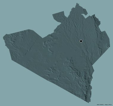 Kenya 'nın Narok ilçesi. Başkenti koyu renk arka planda izole edilmiş. Renkli yükseklik haritası. 3B görüntüleme