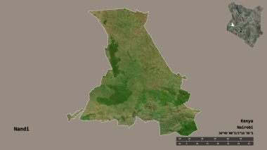 Kenya 'nın Nandi ilçesi, başkenti sağlam arka planda izole edilmiş. Uzaklık ölçeği, bölge önizlemesi ve etiketleri. Uydu görüntüleri. 3B görüntüleme