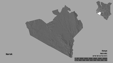 Kenya 'nın Narok ilçesi, başkenti sağlam arka planda izole edilmiştir. Uzaklık ölçeği, bölge önizlemesi ve etiketleri. Çift seviyeli yükseklik haritası. 3B görüntüleme
