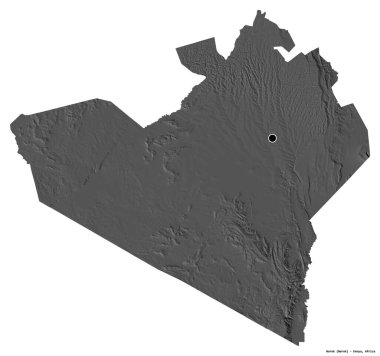 Kenya 'nın Narok ilçesi, başkenti beyaz arka planda izole edilmiştir. Çift seviyeli yükseklik haritası. 3B görüntüleme