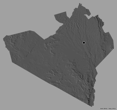 Kenya 'nın Narok ilçesi. Başkenti koyu renk arka planda izole edilmiş. Çift seviyeli yükseklik haritası. 3B görüntüleme