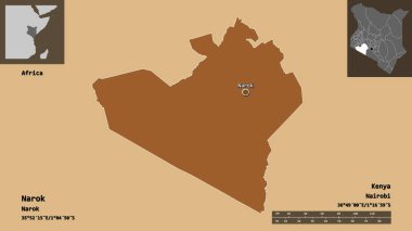 Kenya 'nın Narok ilçesi ve başkenti. Uzaklık ölçeği, ön gösterimler ve etiketler. Desenli dokuların bileşimi. 3B görüntüleme