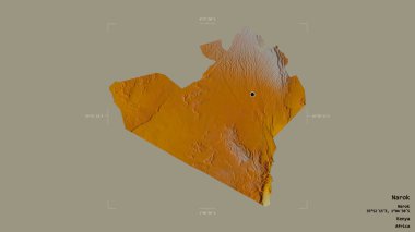 Narok bölgesi, Kenya ilçesi, sağlam bir arka planda izole edilmiş bir sınır kutusunda. Etiketler. Topografik yardım haritası. 3B görüntüleme