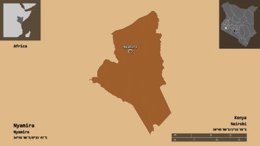 Kenya ve başkenti Nyamira 'nın şekli. Uzaklık ölçeği, ön gösterimler ve etiketler. Desenli dokuların bileşimi. 3B görüntüleme