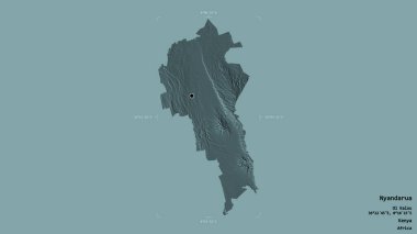 Kenya 'nın Nyandarua bölgesi, katı bir arka planda izole edilmiş bir sınır kutusunda. Etiketler. Renkli yükseklik haritası. 3B görüntüleme