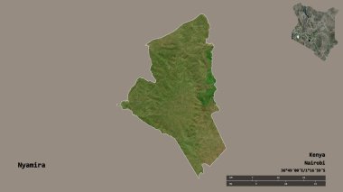 Kenya 'nın Nyamira ilçesi, başkenti katı arka planda izole edilmiştir. Uzaklık ölçeği, bölge önizlemesi ve etiketleri. Uydu görüntüleri. 3B görüntüleme