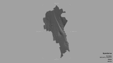 Kenya 'nın Nyandarua bölgesi, katı bir arka planda izole edilmiş bir sınır kutusunda. Etiketler. Çift seviyeli yükseklik haritası. 3B görüntüleme