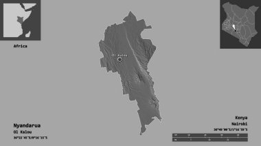 Kenya ve başkenti Nyandarua 'nın şekli. Uzaklık ölçeği, ön gösterimler ve etiketler. Çift seviyeli yükseklik haritası. 3B görüntüleme