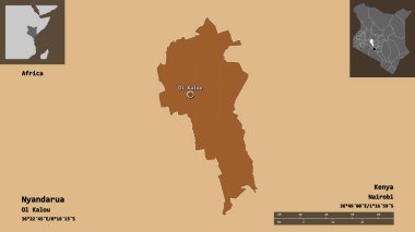 Kenya ve başkenti Nyandarua 'nın şekli. Uzaklık ölçeği, ön gösterimler ve etiketler. Desenli dokuların bileşimi. 3B görüntüleme