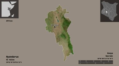 Kenya ve başkenti Nyandarua 'nın şekli. Uzaklık ölçeği, ön gösterimler ve etiketler. Uydu görüntüleri. 3B görüntüleme