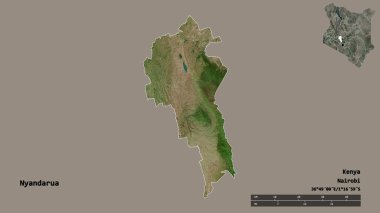 Kenya 'nın başkenti Nyandarua' nın katı arka planda izole edilmiş hali. Uzaklık ölçeği, bölge önizlemesi ve etiketleri. Uydu görüntüleri. 3B görüntüleme