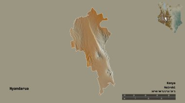 Kenya 'nın başkenti Nyandarua' nın katı arka planda izole edilmiş hali. Uzaklık ölçeği, bölge önizlemesi ve etiketleri. Topografik yardım haritası. 3B görüntüleme