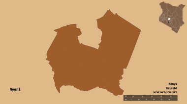 Kenya 'nın Nyeri ilçesi, başkenti katı bir zemin ile izole edilmiştir. Uzaklık ölçeği, bölge önizlemesi ve etiketleri. Desenli dokuların bileşimi. 3B görüntüleme