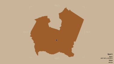 Kenya 'nın Nyeri ilçesi, jeoreferatlı bir sınır kutusunda sağlam bir arka planda izole edilmiş. Etiketler. Desenli dokuların bileşimi. 3B görüntüleme