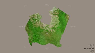 Kenya 'nın Nyeri ilçesi, jeoreferatlı bir sınır kutusunda sağlam bir arka planda izole edilmiş. Etiketler. Uydu görüntüleri. 3B görüntüleme