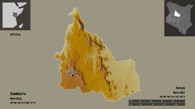 Kenya ve başkenti Samburu 'nun şekli. Uzaklık ölçeği, ön gösterimler ve etiketler. Topografik yardım haritası. 3B görüntüleme