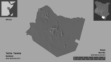Kenya ve başkenti Taita Taveta 'nın şekli. Uzaklık ölçeği, ön gösterimler ve etiketler. Çift seviyeli yükseklik haritası. 3B görüntüleme