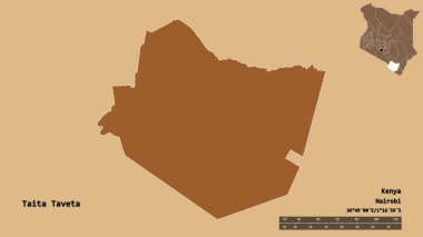 Kenya 'nın Taita Taveta ilçesi, başkenti sağlam bir arka planda izole edilmiştir. Uzaklık ölçeği, bölge önizlemesi ve etiketleri. Desenli dokuların bileşimi. 3B görüntüleme