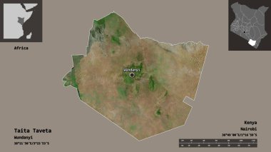 Kenya ve başkenti Taita Taveta 'nın şekli. Uzaklık ölçeği, ön gösterimler ve etiketler. Uydu görüntüleri. 3B görüntüleme