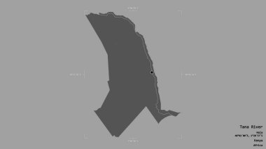 Kenya 'nın Tana Nehri bölgesi, katı bir arka planda izole edilmiş bir sınır kutusunda. Etiketler. Çift seviyeli yükseklik haritası. 3B görüntüleme