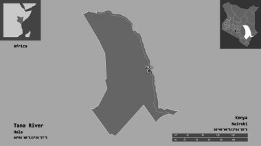 Kenya 'nın Tana Nehri' nin şekli ve başkenti. Uzaklık ölçeği, ön gösterimler ve etiketler. Çift seviyeli yükseklik haritası. 3B görüntüleme