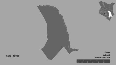 Kenya 'nın Tana Nehri' nin şekli, başkenti sağlam bir zemin üzerinde izole edilmiş. Uzaklık ölçeği, bölge önizlemesi ve etiketleri. Çift seviyeli yükseklik haritası. 3B görüntüleme