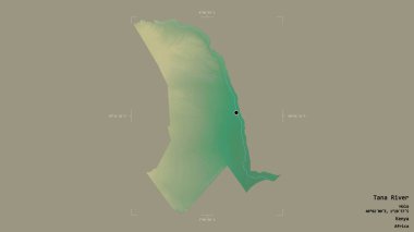 Kenya 'nın Tana Nehri bölgesi, katı bir arka planda izole edilmiş bir sınır kutusunda. Etiketler. Topografik yardım haritası. 3B görüntüleme