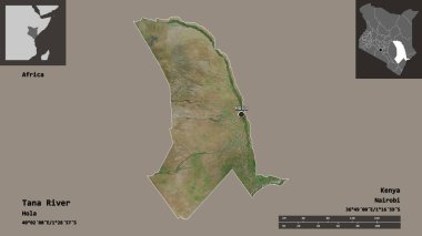 Kenya 'nın Tana Nehri' nin şekli ve başkenti. Uzaklık ölçeği, ön gösterimler ve etiketler. Uydu görüntüleri. 3B görüntüleme