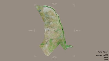 Kenya 'nın Tana Nehri bölgesi, katı bir arka planda izole edilmiş bir sınır kutusunda. Etiketler. Uydu görüntüleri. 3B görüntüleme