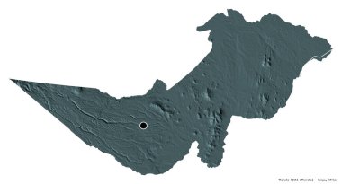 Kenya 'nın Tharaka-Nithi şehri, başkenti beyaz arka planda izole edilmiştir. Renkli yükseklik haritası. 3B görüntüleme