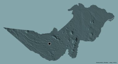 Kenya 'nın Tharaka-Nithi ilçesi, başkenti katı renk arkaplanı ile izole edilmiştir. Renkli yükseklik haritası. 3B görüntüleme