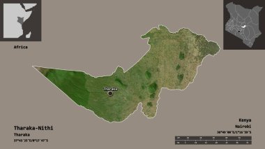 Tharaka-Nithi Şekli, Kenya Bölgesi ve başkenti. Uzaklık ölçeği, ön gösterimler ve etiketler. Uydu görüntüleri. 3B görüntüleme