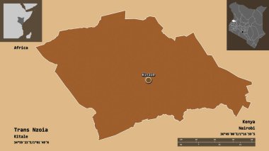 Kenya 'nın Trans Nzoia ilçesi ve başkenti. Uzaklık ölçeği, ön gösterimler ve etiketler. Desenli dokuların bileşimi. 3B görüntüleme
