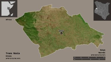 Kenya 'nın Trans Nzoia ilçesi ve başkenti. Uzaklık ölçeği, ön gösterimler ve etiketler. Uydu görüntüleri. 3B görüntüleme