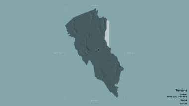 Turkana bölgesi, Kenya ilçesi, katı bir arka planda izole edilmiş bir sınır kutusunda. Etiketler. Renkli yükseklik haritası. 3B görüntüleme