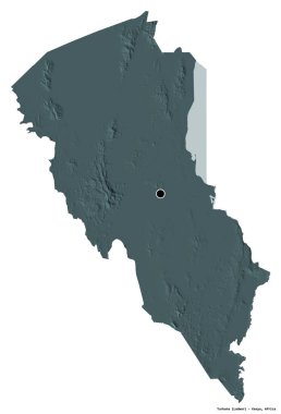 Kenya 'nın Turkana ilçesi, başkenti beyaz arka planda izole edilmiş. Renkli yükseklik haritası. 3B görüntüleme