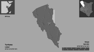 Turkana 'nın şekli, Kenya ilçesi ve başkenti. Uzaklık ölçeği, ön gösterimler ve etiketler. Çift seviyeli yükseklik haritası. 3B görüntüleme