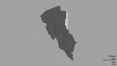 Turkana bölgesi, Kenya ilçesi, katı bir arka planda izole edilmiş bir sınır kutusunda. Etiketler. Çift seviyeli yükseklik haritası. 3B görüntüleme