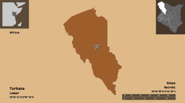 Turkana 'nın şekli, Kenya ilçesi ve başkenti. Uzaklık ölçeği, ön gösterimler ve etiketler. Desenli dokuların bileşimi. 3B görüntüleme