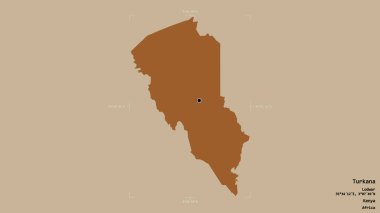 Turkana bölgesi, Kenya ilçesi, katı bir arka planda izole edilmiş bir sınır kutusunda. Etiketler. Desenli dokuların bileşimi. 3B görüntüleme